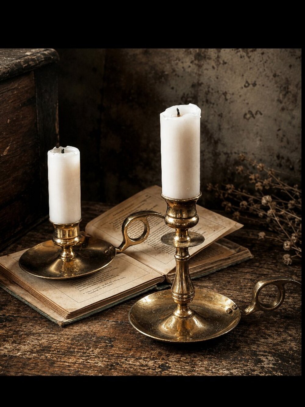 Vintage Brass Chambersticks – Pair Finger Loop Candlesticks, Gothic Home Decor.